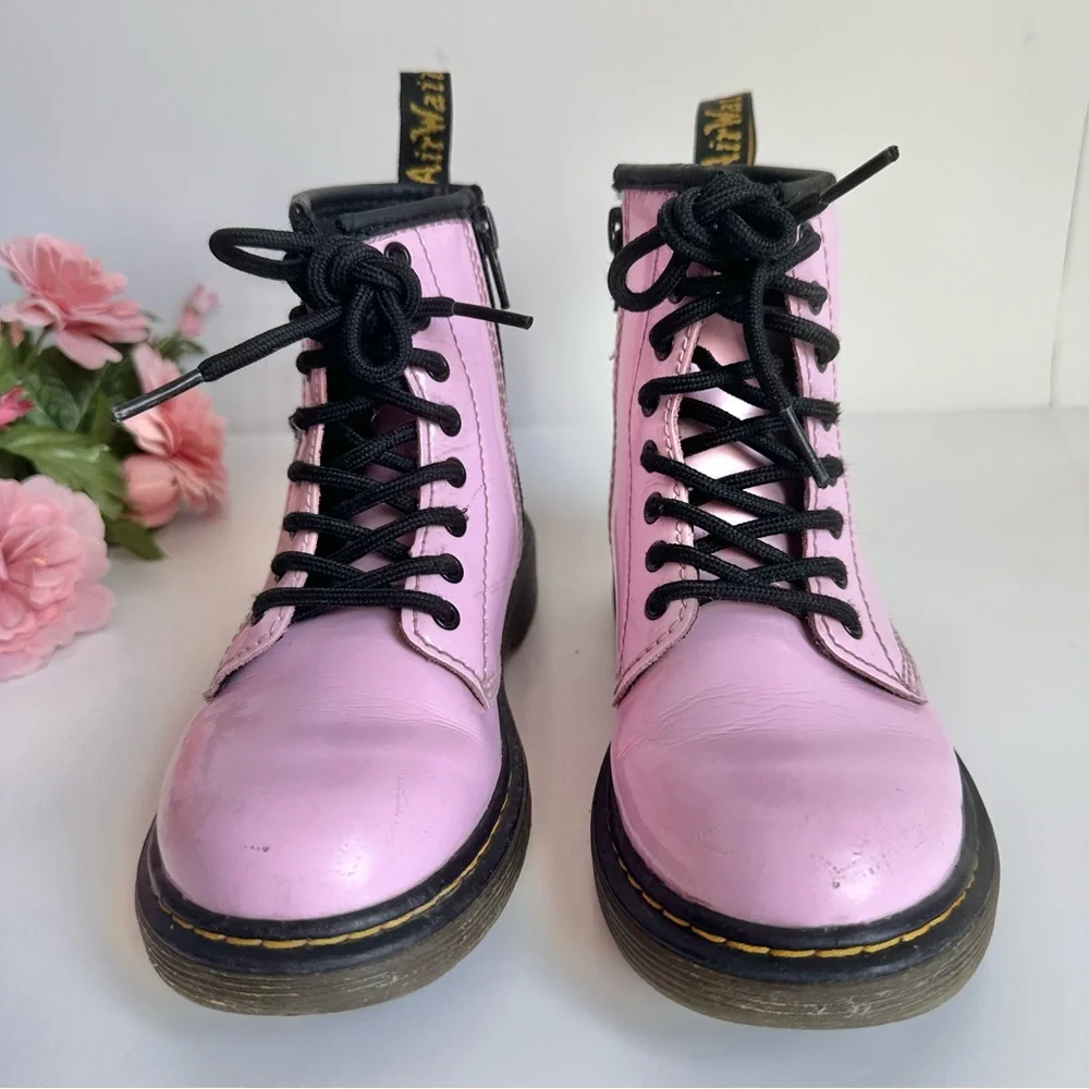 Dr. Martens Lamper 1460J Light Pink Patent Leather Lace Up- Side Zip Girl Boots